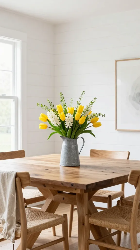 A detailed, eye-level, photorealistic shot of a modern farmhouse dining room interior, bathed in abundant, soft natural light streaming from a large window. A prominent crisp white shiplap feature wall creates an airy backdrop. In the center, a large, warm-toned reclaimed wood dining table is meticulously set, featuring a galvanized metal pitcher overflowing with a vibrant, fresh spring bouquet of yellow tulips, white hyacinths, and delicate green foliage. Clean-lined, modern chairs with light wood frames and woven seats are arranged around the table. A soft, light beige linen throw is casually draped over one chair, adding a touch of cozy texture. The scene exudes a fresh, inviting, and charming spring atmosphere. High detail, realistic photography, no text.