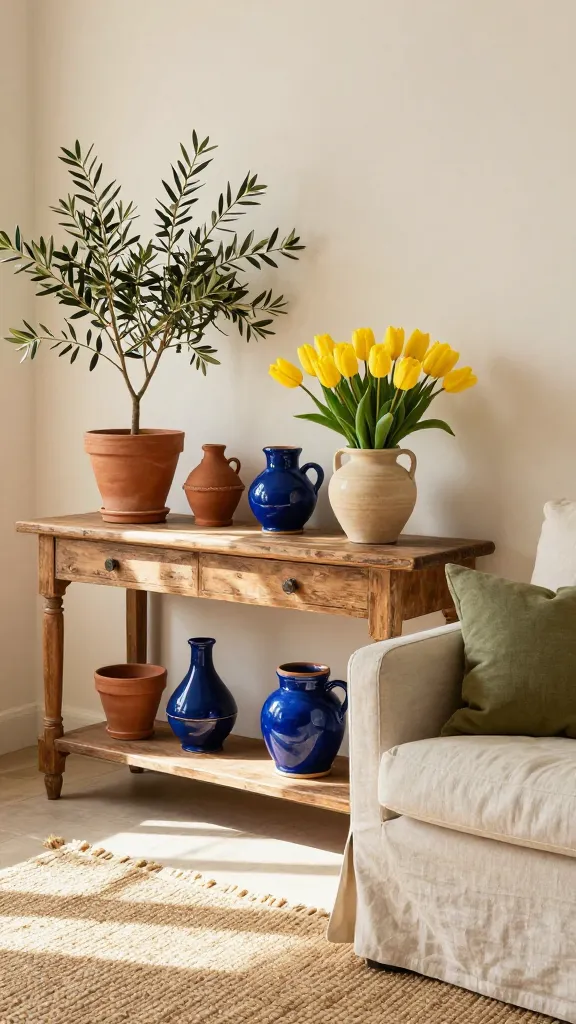 A high-quality, realistic photograph of a sun-drenched living room corner, embodying Mediterranean spring decor. Warm natural light bathes the space, highlighting a rustic, distressed wooden console table against a cream-colored wall. On the table, a collection of terracotta pots holds vibrant olive branches and a ceramic vase brimming with fresh, bright yellow tulips, introducing a cheerful pop of citrus yellow. Decorative ceramic pieces in deep cerulean blue and sandstone hues are artfully arranged alongside. A natural fiber rug in a sandy tone lies beneath, complementing a linen armchair draped with an olive green throw pillow. The overall atmosphere is one of timeless European charm, relaxed sophistication, and fresh spring warmth. No text.