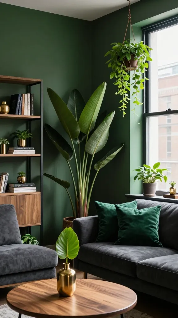 A high-quality, realistic photo showcasing an "Urban Jungle Retreat" in a stylish city apartment living room. The walls are painted a deep, moody forest green, providing a rich backdrop. Large, healthy Bird of Paradise and Rubber Plants are strategically placed, creating a vibrant, lush indoor spring decor feel. A hanging plant with delicate green foliage cascades from a ceiling hook near a large window. Industrial chic elements include a dark metal and natural wood bookshelf filled with books, more small plants, and brass decorative accents. A comfortable, deep charcoal gray sofa is adorned with rich emerald velvet throw pillows. A sleek, round natural wood coffee table holds a brass vase with a single vibrant green leaf. Soft, natural light filters through the window, enhancing the fresh, sophisticated, and calming atmosphere. No text.