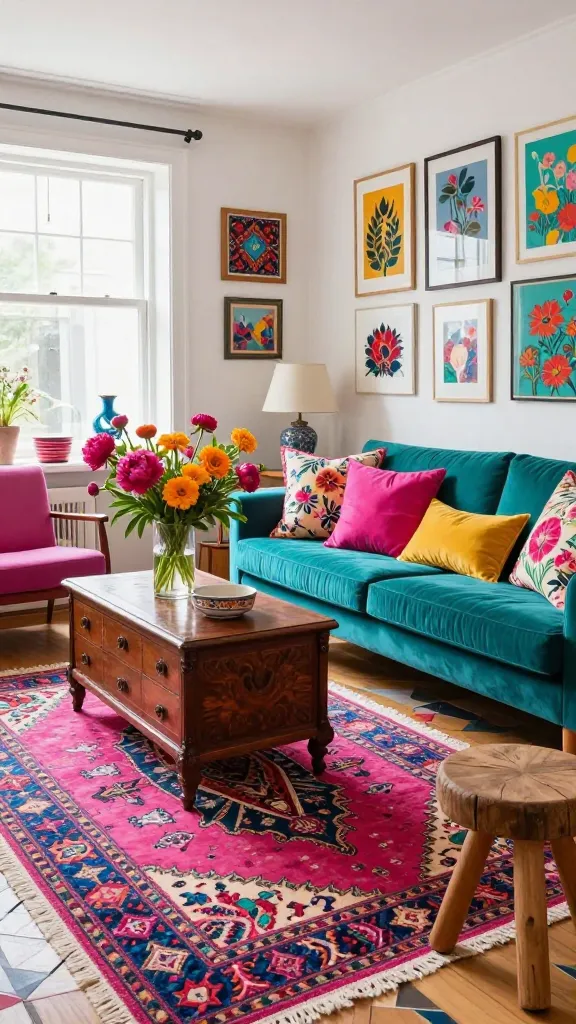 A high-quality, realistic photograph of an indoor vibrant eclectic living room, showcasing a maximalist spring twist. The space is a global tapestry, bursting with bold, saturated colors: Fuchsia, Turquoise, Marigold, and Teal. A plush, richly patterned Moroccan rug is artfully layered over a geometric flatweave rug. A comfortable, deep teal velvet sofa is adorned with an abundance of floral throw pillows in fuchsia and marigold hues, introducing fresh spring motifs. An antique, ornately carved wooden chest serves as a unique side table, holding a clear vase brimming with a vibrant bouquet of fresh spring flowers like fuchsia peonies and sunny marigold gerberas. Sunlight streams through a large window, illuminating diverse global art pieces and textiles on the walls, including a vibrant embroidered tapestry. Furniture from different eras and regions, such as a sleek mid-century modern armchair and a rustic wooden stool, are harmoniously arranged. The room is filled with unique textures and patterns, creating an energetic, personalized, and utterly unique spring oasis. Shot with natural light, sharp focus, and an inviting perspective.