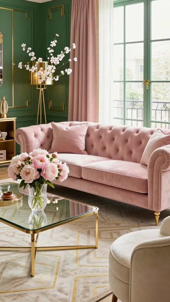 A luxurious and sophisticated Art Deco living room with a fresh spring twist, captured in a high-quality, realistic photograph. The focal point is a plush, blush pink channel-tufted velvet sofa with elegant curved lines, positioned centrally. The walls are painted in a deep emerald green, complemented by a large area rug featuring subtle geometric patterns in cream and soft gold. A sleek brass and glass coffee table sits in front of the sofa, adorned with a clear crystal vase overflowing with fresh blush pink peonies and delicate white cherry blossoms, adding a vibrant touch of nature. Nearby, a tall, slender brass floor lamp with a geometric shade casts a warm glow. Gold metallic accents are subtly incorporated through decorative objects, picture frames, and the legs of a small, round cream velvet accent chair. Natural light streams in through a large window, illuminating the space and enhancing the fresh, glamorous ambiance. The overall aesthetic is chic, inviting, and subtly opulent, blending classic Art Deco luxury with delicate spring freshness. No text.