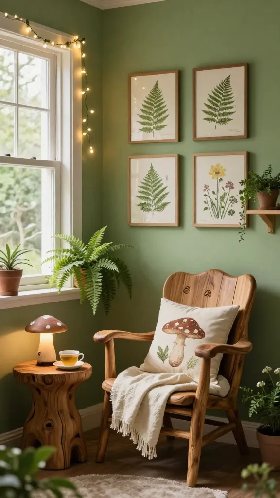 A high-quality, realistic photo of a whimsical woodland nook designed for spring. The walls are painted a soft moss green, creating a natural backdrop. A comfortable, natural wood armchair with organic, curved lines and subtle carved details sits invitingly in the corner, adorned with a cozy cream linen throw and a decorative cushion featuring a subtle mushroom motif. Adjacent to the armchair is a small, carved wooden side table holding a delicate ceramic mushroom lamp and a cup of herbal tea. Warm fairy lights are elegantly draped around the window frame above, casting a gentle, magical glow. On the wall, a gallery of three framed botanical illustrations featuring delicate spring ferns and wildflowers adds to the enchanted forest feel. Potted ferns and small leafy plants are placed on the side table and a nearby floating shelf, bringing more natural elements indoors. The overall atmosphere is peaceful, inviting, and magical, capturing the essence of an indoor spring retreat perfect for daydreaming. Soft natural light streams in from the window. No text.