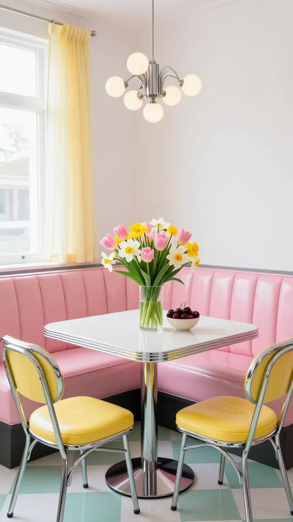 A high-quality, realistic interior photograph capturing a cheerful and charming retro diner-chic dining nook, infused with spring freshness. The centerpiece is a plush banquette upholstered in pastel bubblegum pink vinyl, positioned against a crisp white wall. A sleek, chrome-trimmed white laminate table is flanked by classic chrome diner chairs with lemon yellow vinyl seats. The floor features a subtle white and mint green checkerboard pattern. Above the table hangs a stylish chrome multi-bulb pendant light fixture. On the table, a clear glass vase overflows with a vibrant bouquet of fresh spring tulips and daffodils in complementary pastel pinks, yellows, and whites, alongside a small ceramic bowl of ripe cherries. Natural light streams in through a window, adorned with sheer, pale yellow curtains, illuminating the shiny chrome details, smooth vinyl textures, and the fresh, inviting spring atmosphere. No text.