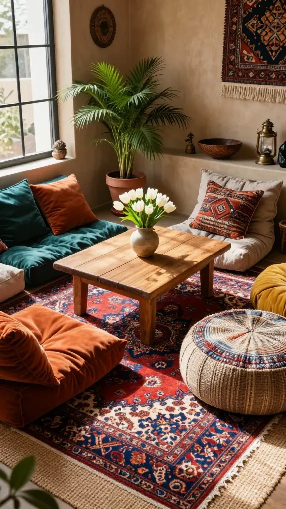 A high-angle, realistic, high-quality photo capturing a cozy and inviting Global Nomad Lounge, bathed in soft, natural sunlight streaming from a large window on the left. The room emphasizes comfort and a well-traveled atmosphere, with an earthy color palette. In the center, a low, rustic wooden coffee table is surrounded by an arrangement of plush, oversized floor cushions and textured poufs in varying sizes and patterns. The floor is layered with a richly patterned vintage Persian rug in deep reds and blues, partially overlapping a natural, textured jute mat. Throws and decorative pillows in burnt orange, deep teal, and mustard yellow, made from materials like velvet, woven cotton, and linen, are artfully draped and placed on the cushions, inviting relaxation. On the low coffee table, a simple ceramic vase holds a small, fresh bouquet of white tulips, adding a subtle, refreshing touch of spring. Nearby, a vibrant green potted plant in a terracotta pot contributes organic life to the space. The background features a textured, warm beige wall adorned with a woven tapestry or a piece of ethnic art, and a few curated global treasures like a carved wooden bowl or an antique brass lantern are visible on a nearby low shelf. The focus is on sharp details, natural lighting, and the rich textures of the materials. No text.