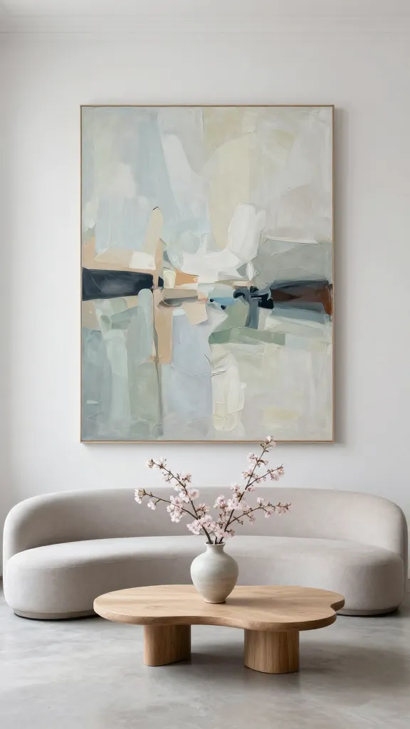 A high-angle, realistic, high-quality photograph of a sophisticated, artistic loft living room bathed in soft natural light. The dominant color palette is gallery white and soft greige, creating a serene, gallery-like atmosphere. A commanding, large-scale abstract painting with painterly brushstrokes hangs on a pristine white wall, featuring muted tones of pale dusty blue, soft sage green, and hints of charcoal and terracotta. Below it, a sculptural, minimalist curved sofa in a light greige fabric sits opposite a unique, organic-shaped coffee table made of light wood. On the coffee table, a tall, elegant ceramic vase holds delicate, freshly blooming cherry blossom branches, their soft pink buds providing a subtle, refined touch of indoor spring freshness. The floor is light polished concrete. The space feels incredibly serene, chic, and artistic, subtly incorporating indoor spring decor. No text on images.