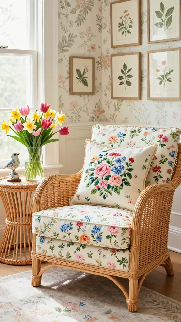 A high-resolution, realistic photograph capturing a bright and elegant indoor living room, embodying a grandmillennial spring garden party aesthetic. The focal point is a cozy rattan armchair, richly upholstered in a delicate chintz fabric featuring small, vibrant floral patterns of roses and hydrangeas in pastel shades of pink, blue, and green. Adjacent to the armchair, a round wicker side table holds a small, ornate porcelain figurine of a bird and a clear glass vase overflowing with a fresh, colorful bouquet of spring tulips and daffodils. A meticulously embroidered needlepoint pillow with a floral motif rests on the armchair. In the background, a wall features a subtle floral chintz wallpaper pattern and is adorned with a curated collection of framed botanical prints. Soft, diffused natural light streams in from a large window, illuminating the scene and highlighting the textures and patterns. The overall atmosphere is fresh, inviting, and nostalgically charming. No text.