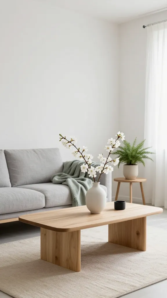 A high-quality, realistic photograph of a serene Japandi living room, bathed in soft, natural spring daylight. The space features clean lines, low-profile furniture, and a muted color palette of warm white walls, a light grey linen sofa, and a pale beige wool rug. A simple, light ash wood coffee table sits centered, adorned with a single, elegant branch of white cherry blossoms in a matte warm white ceramic vase, subtly introducing a spring touch. Adjacent, a minimalist side table holds a small, potted fern in a pale beige ceramic planter. Accents include a muted sage green throw blanket draped over the sofa and a few matte black decorative elements, all contributing to an uncluttered, peaceful, and harmonious atmosphere. The focus is on mindful living and the subtle integration of indoor spring decor.