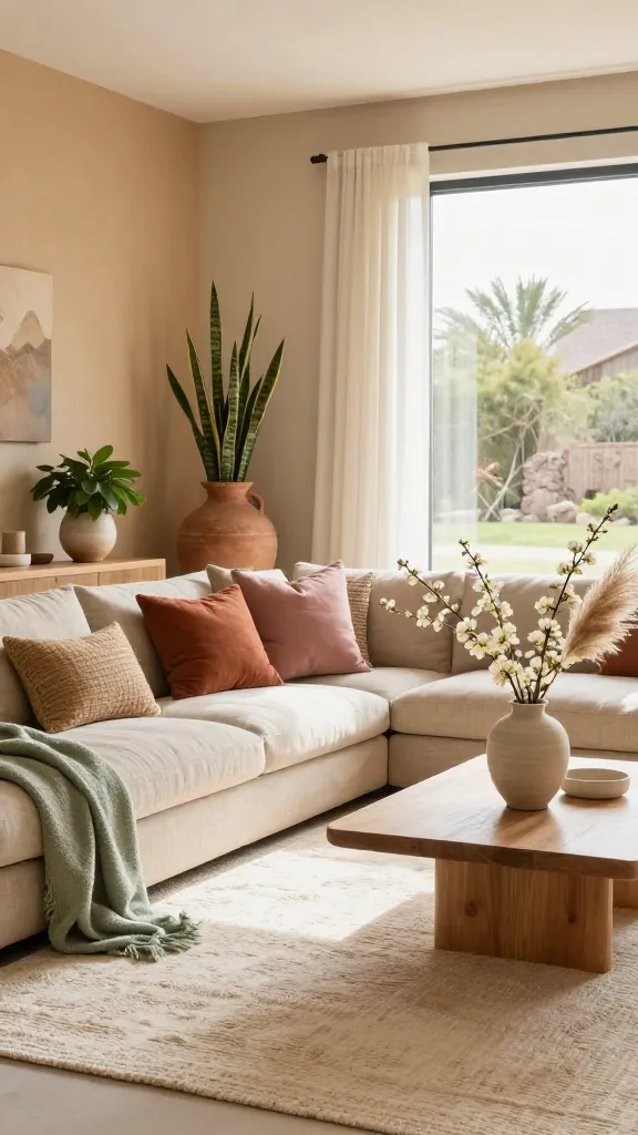 A sun-drenched, Desert Modern Boho living room, embodying a fresh spring reset. The space features a low-slung, comfortable sofa upholstered in natural linen, adorned with woven throw pillows in sienna, terracotta, and soft dusty rose. A large, textured woven rug in a creamy off-white with subtle abstract patterns grounds the room. Walls are painted in a warm sand tone. Sculptural forms are present in a unique, rounded terracotta floor vase holding a tall, architectural snake plant, and a smaller ceramic planter with vibrant sage green foliage on a light wood side table. Abundant natural light streams through a large window, illuminating the space and highlighting a coffee table adorned with a minimalist vase holding a few fresh, delicate creamy white spring blossoms alongside dried pampas grass. A soft sage green throw blanket is casually draped over the arm of the sofa, adding a subtle pop of spring color. The overall atmosphere is grounded, warm, effortlessly chic, and infused with the renewed energy of spring, captured in a high-quality, realistic interior photograph with no text.