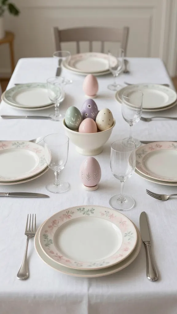 A high-angle, realistic, professional photograph of a serene and sophisticated dining room table, meticulously set for a leisurely Easter brunch. A crisp white linen tablecloth serves as the luxurious base. Each place setting features elegant china plates with subtle, delicate floral patterns in soft blush pink and muted sage green. Thoughtfully arranged amongst the settings and within a refined centerpiece are hand-painted ceramic Easter eggs, harmonizing with the color palette of creamy ivory, soft blush, muted sage, and delicate lavender. The scene exudes 'pastel perfection' with luxurious textures and thoughtful arrangements, illuminated by soft, natural daylight, creating an inviting spring atmosphere. Interior design magazine quality. No text.