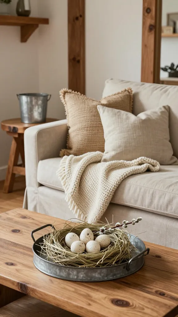 A high-quality, realistic photo capturing a cozy and inviting rustic farmhouse living room updated for Easter. A comfortable sofa, upholstered in a light neutral fabric, is adorned with a chunky knitted cream throw blanket draped artfully. Scatter throw pillows with subtle burlap and linen textures in muted tones. In the foreground, a natural wood coffee table features a galvanized metal tray holding a sophisticated Easter centerpiece: a nest of natural straw with a few subtly speckled ceramic eggs and a delicate sprig of pussy willow. Exposed wood elements are visible throughout the room, such as a rustic side table or a mantelpiece, complemented by other galvanized metal accents like a simple planter. Soft, warm natural light fills the space, highlighting the natural materials and creating a refined, welcoming atmosphere. No text.