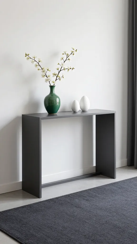 A high-quality, realistic eye-level photograph capturing a modern minimalist entryway. The focal point is a sleek, charcoal gray console table with clean lines, positioned against a crisp white wall. The floor is covered in a deep charcoal gray rug. On the console table, a single, elegant emerald green ceramic vase holds a few delicate white cherry blossom branches. Beside the vase, two smooth, matte white decorative Easter eggs are artfully arranged, adding a subtle touch of classy Easter decor. The scene is bathed in soft, natural light, creating a serene, sophisticated, and welcoming atmosphere.