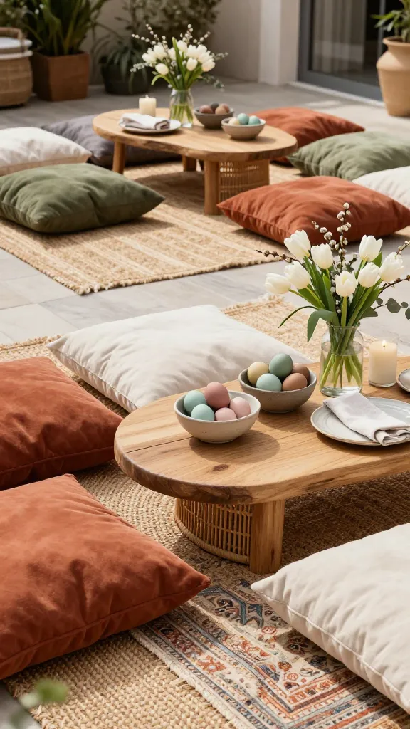 A sun-drenched outdoor patio or sunroom transformed into a sophisticated boho chic Easter brunch oasis. The floor is richly layered with several overlapping natural jute rugs and a muted, patterned kilim rug in earthy tones. Abundant plush, oversized floor cushions in varying shades of terracotta, cream, olive green, and muted rust are scattered invitingly around low-slung, natural wood and rattan coffee tables. These tables are elegantly set for brunch, featuring artisanal ceramic bowls filled with naturally dyed Easter eggs in soft, subtle pastel hues like sage green, dusty rose, and pale blue. Simple, clear glass vases hold arrangements of fresh white tulips, delicate pussy willow branches, and eucalyptus. The setting includes elegant white ceramic plates, linen napkins, and a few slender, unlit pillar candles in minimalist holders, creating a relaxed yet refined atmosphere with a strong connection to nature and global inspirations. High-quality, realistic photo, editorial style, no text.