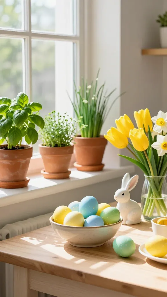 A bright, sun-drenched kitchen breakfast nook, styled with a sophisticated, garden-inspired Easter theme. The space is vibrant with a color palette of sunny lemon yellow, fresh leafy green, sky blue, and crisp white. On the pristine white window sill, small terracotta pots brim with flourishing herbs like basil and chives, their green leaves catching the morning light. A light-colored wooden breakfast table is meticulously arranged with a vintage-inspired ceramic bowl at its center, filled with elegantly hand-painted Easter eggs in soft lemon yellow, sky blue, and fresh green hues. Beside it, a subtle, white ceramic bunny figurine is nestled among a fresh arrangement of vibrant yellow tulips and white daffodils in a simple glass vase. The scene is illuminated by abundant natural light streaming through the window, creating a cheerful, refined, and inviting spring ambiance. Realistic, high-quality photograph, sharp focus, no text.