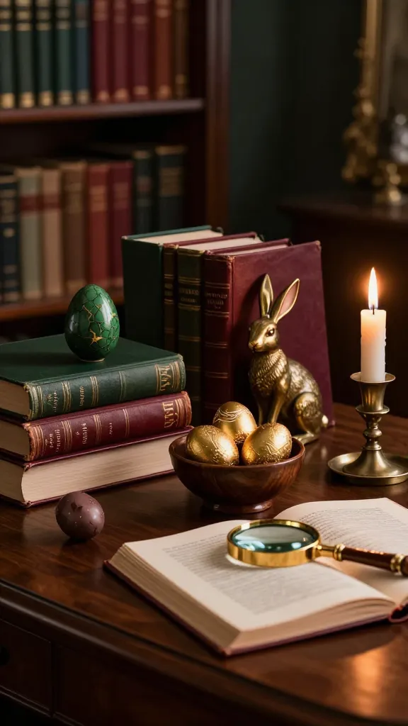 A high-quality, realistic photo capturing a sophisticated Dark Academia Easter display on a polished dark wooden desk in an elegant study. The scene features a curated collection of antique leather-bound books in deep forest green, rich burgundy, and warm cognac tones, artfully stacked and arranged. Interspersed among the books are subtle Easter accents: a small, elegant ceramic egg in a deep forest green with a subtle gold crackle glaze, nestled beside a stack; a delicate antique brass bunny figurine peeking from behind a burgundy book; and a small, dark wooden bowl holding three deep gold-foiled eggs. An antique gold magnifying glass rests on an open book, and a lit taper candle in a vintage brass holder casts a warm, inviting glow. The background shows a dimly lit bookshelf filled with more old books, creating a scholarly and intriguing atmosphere. The color palette emphasizes deep forest green, rich burgundy, warm cognac, and antique gold accents. No text.