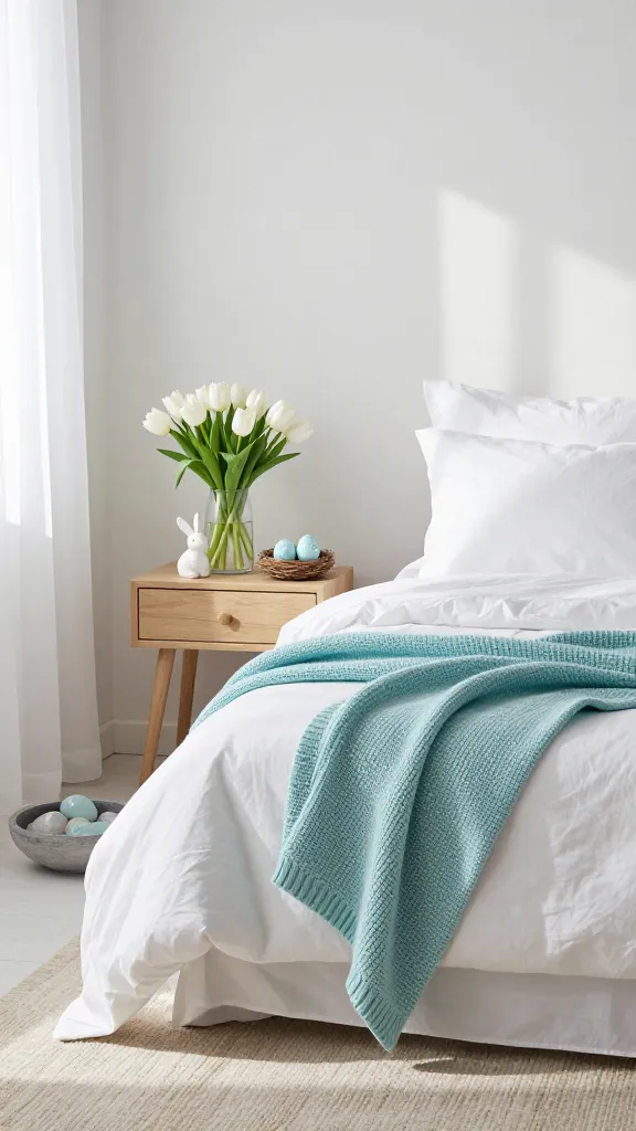 A serene, sun-drenched coastal-inspired guest room, designed for sophisticated Easter decor. The focal point is a neatly made bed featuring crisp white linen bedding and a soft aqua blue knit throw draped invitingly. On a light natural wood bedside table, a delicate arrangement of white tulips in a clear glass vase sits alongside a small, elegant white ceramic bunny figurine and a decorative nest holding two pale blue speckled Easter eggs. A subtle hint of sandy beige appears in the area rug, complementing the crisp white walls and natural driftwood gray accents in a decorative bowl with smooth sea glass. Soft, diffused natural light streams through a sheer curtain, casting gentle shadows and enhancing the tranquil, relaxing atmosphere. High-quality photo, realistic, no text.