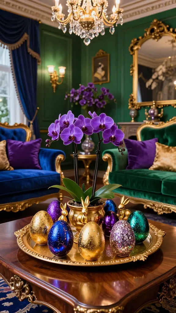 A realistic, high-quality photo capturing an opulent formal living room lavishly decorated for Easter with a dramatic jewel-toned spectacle. The space is dominated by deep emerald green, rich sapphire blue, vibrant amethyst purple, and abundant gold accents. At the center, a grand dark wood coffee table features a large, intricately carved gold tray. Within the tray, an exquisite collection of jewel-toned Easter eggs, some shimmering with gold leaf and others sparkling with embedded crystals, are artfully arranged alongside small, sophisticated gold bunny figurines and a centerpiece of deep purple orchids. Plush velvet sofas and ornate armchairs in sapphire blue and emerald green are accented with amethyst purple and gold cushions. Ornate gold mirrors and framed artwork reflect the warm, dramatic light from an elegant chandelier, creating a magnificent, "Easter goes to the opera" atmosphere.