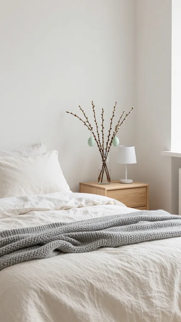 Realistic, high-quality photo of a serene Scandinavian bedroom retreat, bathed in soft, diffused natural light. The focal point is a neatly made bed dressed in crisp, unbleached warm off-white linen sheets and a luxurious, soft gray chunky knitted throw. Adjacent to the bed, a simple light birch wood nightstand holds a minimalist matte white table lamp and a clear glass vase containing delicate pussy willow branches, from which two small, matte pale mint green ceramic Easter eggs subtly hang. The room features warm off-white walls, natural light filtering in softly, and subtle touches of soft gray and pale mint green. The overall atmosphere is calm, clean, hygge-inspired, and uncluttered, emphasizing natural textures and peacefulness. No text.