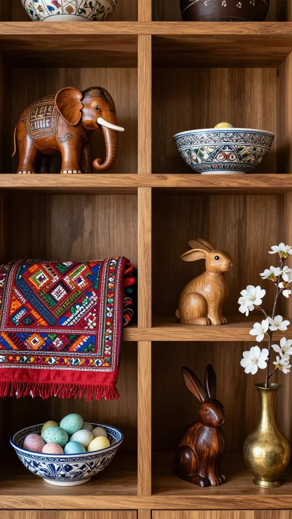 A high-quality, realistic photo capturing a sophisticated and eclectic den's open wooden shelving, artfully styled to showcase a global traveler's collection blended with classy Easter decor. The shelves display a curated mix of worldly treasures: a smooth, hand-carved wooden elephant from Africa, a vibrant, richly embroidered textile from India elegantly folded, and an intricately patterned ceramic bowl. Seamlessly integrated are tasteful Easter accents: a cluster of naturally dyed, subtly speckled eggs nestled within the ceramic bowl, a minimalist, artisanal bunny sculpture crafted from dark wood that complements the global artifacts, and a delicate sprig of white cherry blossoms in a slender, antique brass vase. The scene is bathed in soft, natural light, highlighting the diverse textures and creating an inviting, story-rich atmosphere. No text.