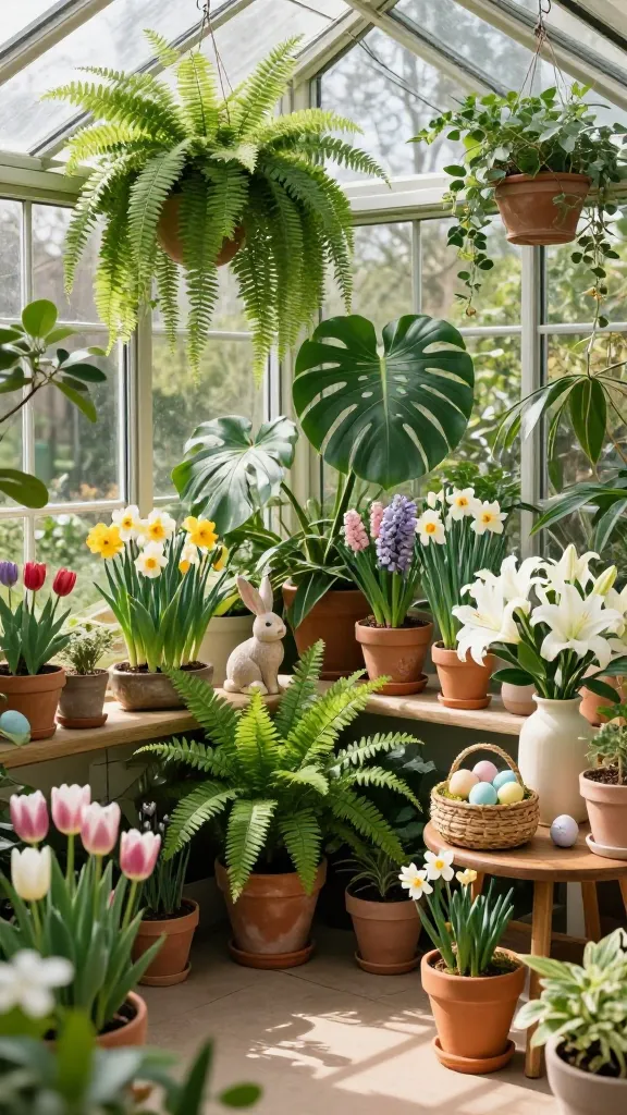 A high-angle, realistic photo capturing a bright, sun-drenched conservatory transformed into an enchanting botanical haven. The room is overflowing with an abundant array of lush potted plants, creating a dense, immersive greenhouse effect. Large ferns cascade from hanging planters, while various monstera, philodendrons, and blooming spring flowers like tulips, hyacinths, and daffodils in earthy terracotta pots fill the space. Sunlight streams through the large windows, dappling across the vibrant greens (from lime to deep forest), terracotta, and soft cream accents. Subtle Easter decor is naturally integrated: a woven basket on a small wooden side table holds naturally dyed pastel Easter eggs nestled among moss, a delicate ceramic bunny figurine peeks from behind a large fern, and a cluster of white lilies in a cream vase adds a touch of elegant spring bloom. The atmosphere is fresh, serene, and sophisticated, inviting serious plant envy. No text.