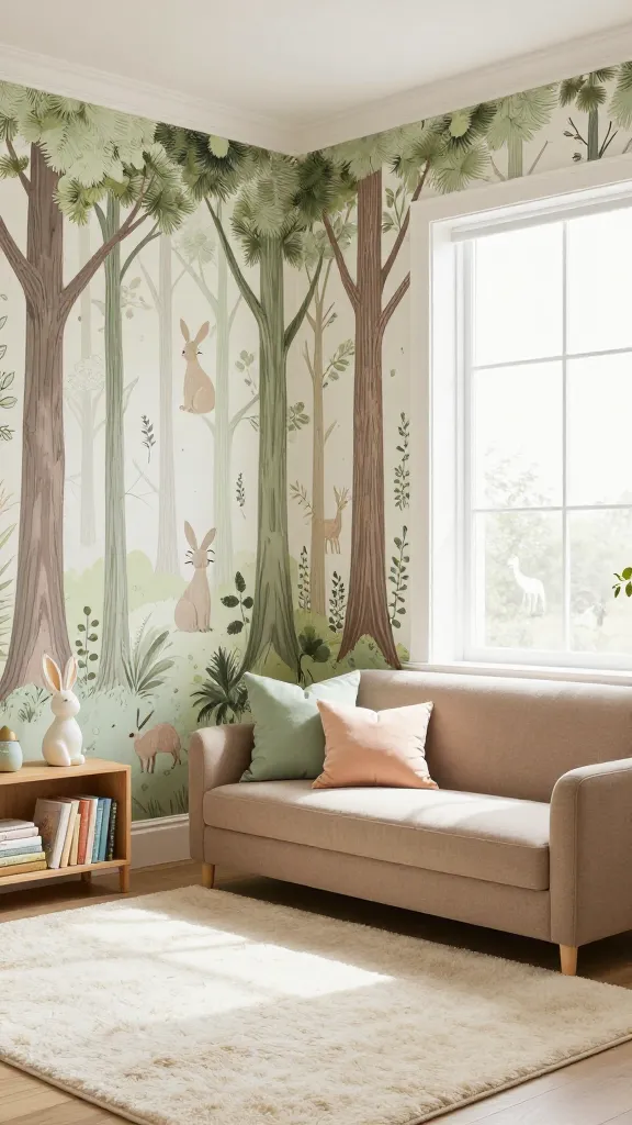 A high-resolution, professional interior photograph of an elegant nursery or playroom designed as a whimsical woodland retreat. The walls feature sophisticated, subtle forest-themed wallpaper with delicate moss green trees and creamy off-white background, subtly integrating abstract taupe bunny and deer motifs. A plush, creamy off-white area rug covers light wooden flooring. In the center, a modern, upholstered reading nook sofa in a warm taupe fabric, adorned with throw pillows in soft moss green and pale peach. Nearby, a small, elegant wooden bookshelf displays classic storybooks and a tasteful, artisan-crafted ceramic white bunny figurine, subtly nodding to Easter. Soft, diffused natural light streams through a large window, illuminating the space with a gentle, enchanting glow. The overall ambiance is sophisticated, playful, and utterly delightful, with a harmonious color palette of soft moss green, warm taupe, creamy off-white, and subtle touches of pale peach and sky blue in the decor. No text on image.