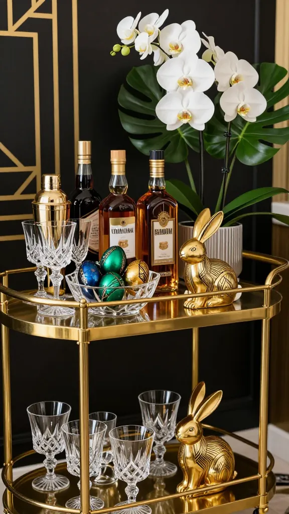 A high-quality, realistic photograph showcasing a luxurious Art Deco glam Easter bar cart. A polished brass bar cart with sleek, geometric lines is impeccably styled against a wall featuring a subtle black and gold geometric pattern. The bar cart is adorned with an array of sleek, cut-crystal glassware, a vintage-inspired gold cocktail shaker, and premium liquor bottles. Easter elements are seamlessly integrated: a collection of deep emerald green, sapphire blue, and shimmering gold Easter eggs, some featuring delicate black geometric patterns, are elegantly displayed in a clear, angular glass bowl. A small, stylized golden bunny figurine with Art Deco lines sits beside the bowl. A tall, slender vase holds a sophisticated arrangement of crisp white orchids and dark green monstera leaves. The scene is bathed in soft, warm light, emphasizing the luxurious materials and creating a sophisticated, slightly sassy ambiance.