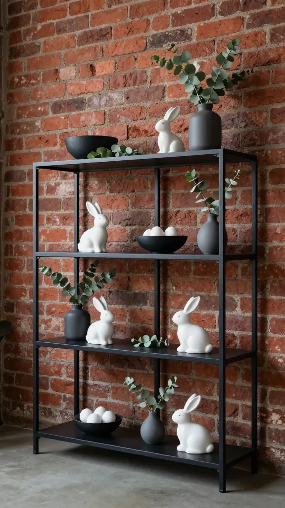 A high-quality, realistic photograph showcasing a sophisticated industrial loft living space, imbued with an urban edge and subtle Easter elegance. The scene features a prominent exposed brick wall in a rich, deep brick red, against which a sleek, minimalist metal shelving unit in matte black stands as the central element. Thoughtful, minimalist Easter touches are artfully integrated onto the shelves: small, unfussy white ceramic bunnies, delicate sprigs of fresh green eucalyptus in simple charcoal gray vases, and a few bright white eggs nestled in a matte black decorative bowl. These elements provide unexpected pops of fresh green and bright white, softening the raw, edgy aesthetic of the charcoal gray and matte black metal, creating an unexpectedly chic and perfectly curated industrial Easter display. Natural light illuminates the textures, enhancing the realistic, high-end feel. No text.