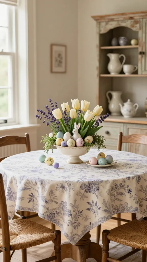 A beautifully styled French Countryside breakfast nook, captured in a warm, inviting high-quality photograph. The central focus is a round, light-stained rustic wooden table, elegantly draped with a delicate toile de Jouy tablecloth featuring soft lavender and muted robin's egg blue patterns on a creamy ecru base. At the heart of the table, a sophisticated Easter centerpiece commands attention: a vintage-inspired ceramic compote bowl brimming with a lush arrangement of fresh lavender sprigs, creamy ecru tulips, and a collection of meticulously hand-painted Easter eggs in coordinating soft pastels, some adorned with subtle botanical illustrations. A small, elegant porcelain bunny figurine is subtly nestled within the greenery. Two charming wooden chairs with woven rush seats are positioned at the table, invitingly. Soft, diffused natural light streams in from a nearby window, gently illuminating creamy ecru walls and a distressed natural wood hutch in the background, which holds a display of vintage-style ceramic pitchers. The entire scene exudes rustic elegance and timeless grace, with the Easter decor being the prominent and enchanting subject. Realistic photo, no text.