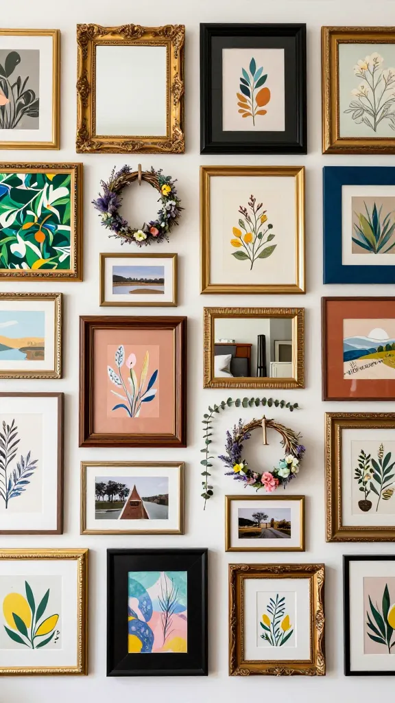 A vibrant, eclectic maximalist gallery wall serves as the focal point in a sophisticated living space, celebrating Easter with a joyful and classy aesthetic. The wall is densely covered with a diverse collection of framed art, personal photographs, and mirrors of varying sizes, shapes, and styles. Ornate gold frames mix with sleek modern black frames, and rustic wooden ones. Artwork features a rich blend of abstract patterns, vintage botanical prints, contemporary illustrations, and subtle spring motifs like blooming branches, delicate birds, or pastel landscapes. Interspersed among the frames are small, decorative wreaths crafted from dried spring flowers such as lavender, eucalyptus, and tiny pastel-colored blooms, adding texture and a touch of Easter charm. The color palette is rich and harmonious, combining jewel tones like emerald green and sapphire blue with soft blush pinks, sunny yellows, and warm terracotta, all accented by gleaming gold and brass elements. Textures are abundant, with velvet matting, glossy glass, textured canvases, and metallic finishes. The overall impression is one of curated abundance, personal history, and sophisticated festivity. Shot with natural, bright lighting, emphasizing rich details and vibrant colors, in a realistic, high-quality photograph. No text on images.