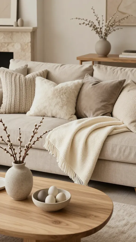 A high-quality, realistic photograph of an elegant living room, meticulously styled for sophisticated Easter decor. The scene is bathed in soft, natural light, creating a serene and refined atmosphere. A large, inviting linen sofa in a warm oatmeal beige serves as the focal point, draped artfully with a plush, creamy ivory bouclé throw blanket. Scattered across the sofa are several throw pillows, showcasing a rich variety of textures including a chunky knit, a soft faux fur, and a smooth greige velvet, all adhering to a monochromatic neutral palette. A minimalist coffee table, crafted from natural light wood, sits before the sofa, adorned with a simple yet elegant stone vase holding delicate pussy willow branches. Beside it, a small bowl contains a few matte ceramic Easter eggs in soft ivory and greige tones, subtly hinting at the holiday. The room features subtle touches of natural materials like a stone-clad fireplace or a light wood side table, enhancing the textural depth. The overall aesthetic is one of understated luxury, calm sophistication, and chic refinement, with every element contributing to a harmonious and textured neutral design. No text.