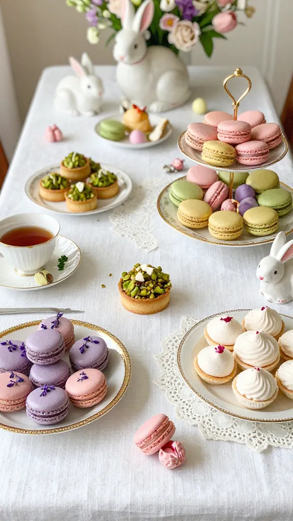 A high-angle, realistic, high-quality photograph of an exquisitely styled French Easter brunch table setting, embodying a Parisian patisserie pastel dream. A pristine white linen tablecloth is elegantly layered with a delicate vintage lace runner. The scene is awash in a soft, inviting glow, highlighting a charming palette of macaron-inspired pastels: soft lavender, pistachio green, rose pink, and creamy vanilla. Several ornate gold-rimmed cake stands are artfully arranged, showcasing an array of delicate French Easter pastries and confections, such as lavender macarons, miniature pistachio tarts, and rosewater meringues. Scattered gracefully amongst the sweet treats and small, fresh spring floral accents are several delicate porcelain bunnies, some playfully peering from behind a tiered stand, others resting beside a teacup. The atmosphere is one of sophisticated sweetness and festive elegance, capturing the essence of a charming bakery ready for a spring celebration. Natural light gently illuminates the intricate details, creating a luminous and inviting tableau. No text.