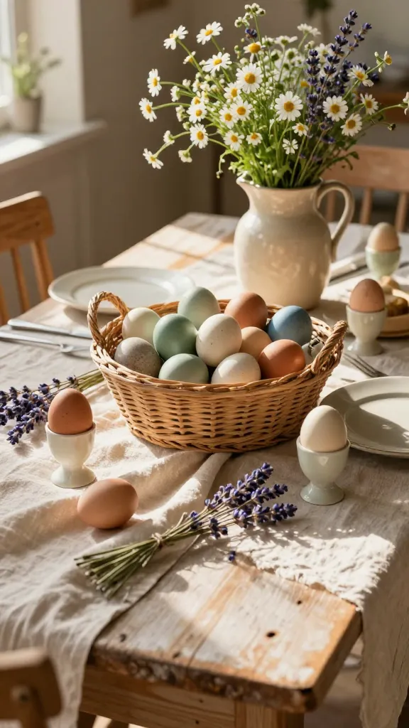 A sun-drenched, high-quality professional photograph showcasing a rustic French countryside Easter tablescape. A distressed light wood dining table is partially draped with a natural linen tablecloth, slightly rumpled. The centerpiece is a large, woven basket brimming with real Easter eggs, hand-dyed in muted, earthy tones of soft sage green, dusty blue, cream, and pale terracotta. Scattered around are delicate ceramic egg holders, each cradling a single egg. Bundles of dried lavender sprigs are artfully arranged, and a charming, rustic ceramic jug overflows with a loose bouquet of fresh, delicate wildflowers like small white daisies and buttercups. Golden hour sunlight streams from the left, highlighting textures and casting soft, warm shadows, creating an effortlessly chic and elegant, lived-in Provencal farmhouse atmosphere. No text on image.
