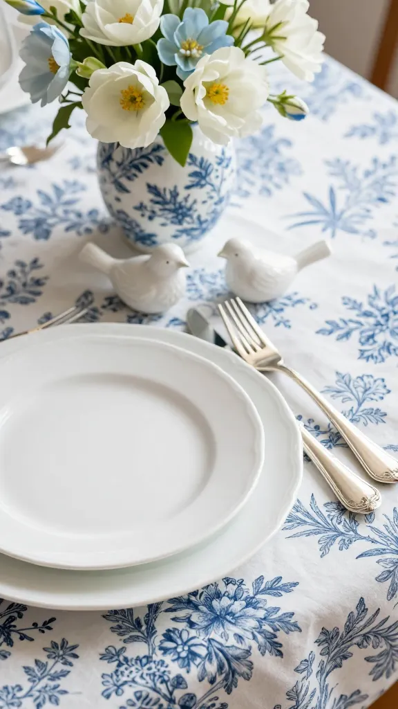 A close-up, high-angle photograph showcasing an elegant French Easter table setting. A traditional blue and white Toile de Jouy tablecloth serves as the foundation. On it, a pristine white china dinner plate is meticulously set with gleaming silver cutlery. A small, delicate white ceramic bird figurine subtly adorns the setting, hinting at the Easter theme. Nearby, a fresh, understated floral arrangement of white and pale blue spring blooms is presented in a miniature Toile-patterned vase. The scene is bathed in soft, natural light, highlighting the sophisticated details and timeless elegance. Realistic, high-quality, no text.