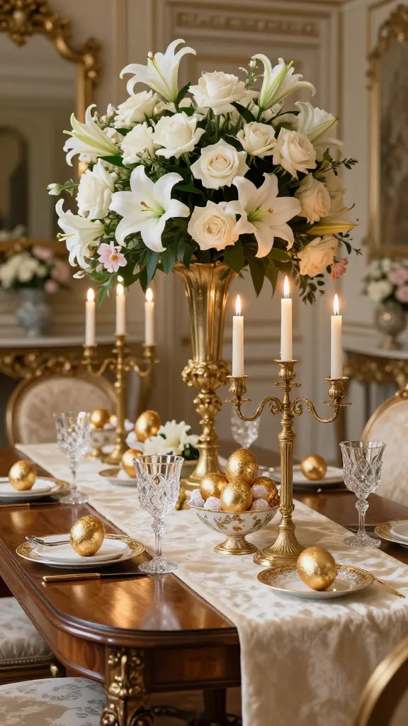 A luxurious French Gilded Age-inspired Easter tablescape, featuring a deep cream velvet table runner draped over a polished antique dining table. Ornate, tall gold candelabras with flickering candles cast a warm glow, illuminating sparkling crystal glassware. Elegant porcelain bowls with gold accents are filled with meticulously gold-leafed eggs. Dominating the center are dramatic, tall floral arrangements overflowing with pristine white roses and majestic white lilies, with subtle hints of blush pink blooms. The overall color palette is rich with deep creams, soft golds, and delicate blush pink. Shot with a shallow depth of field, focusing on the opulent details, in a grand interior with soft, warm lighting. High-resolution, realistic interior photography.