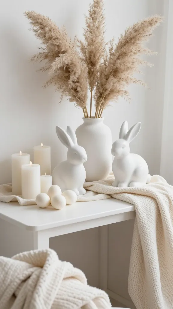A high-quality, realistic photograph capturing a serene and sophisticated monochromatic white and cream Easter display on a beautifully styled console table. Soft, diffused natural light illuminates the scene, highlighting the delicate textures and forms. A delicate cream linen runner is elegantly draped across the table surface, serving as the base. Prominently featured are two elegant white ceramic bunnies, varying slightly in size, positioned gracefully amidst the decor. A smooth, matte white ceramic vase holds a minimalist arrangement of bleached natural pampas grass, adding height and organic texture. Several white pillar candles of varying heights are clustered together, unlit, contributing to the tranquil ambiance. A small, artfully arranged pile of perfectly smooth white chocolate eggs serves as subtle, edible Easter decor. A chunky ivory knit throw is casually draped over the back of an unseen chair or spilling gently from the edge of the table, adding a rich, cozy texture to the foreground or background. The entire composition emphasizes layering, form, and a calming, elegant aesthetic. No text.