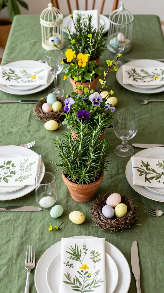 A high-angle, realistic photo of an elegantly set Easter dining table indoors, inspired by a French 'Jardin Secret'. The table is covered with a luxurious moss green linen tablecloth. A lush, natural centerpiece dominates, featuring small terracotta pots of vibrant rosemary and thyme, interspersed with delicate purple pansies and yellow violas, and slender branches adorned with fresh green budding leaves. Scattered artfully around the centerpiece are several miniature, nest-like arrangements holding small, speckled pastel Easter eggs. Each place setting includes a crisp white plate topped with a folded botanical print napkin. A couple of small, decorative antique-style birdcages are subtly placed on the table, adding to the garden ambiance. The scene is bathed in soft, natural light, highlighting the vibrant greens and delicate floral accents, creating a classy and elegant French Easter decor setting. No text.
