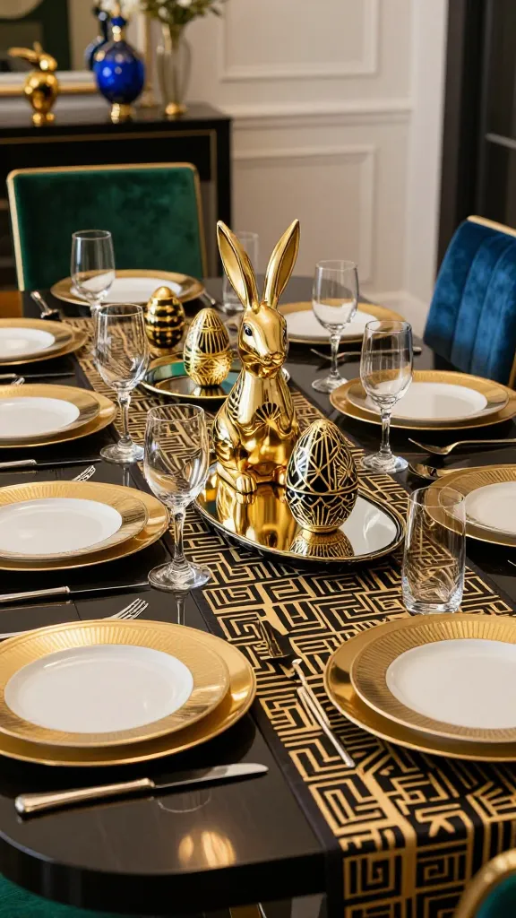 A high-resolution, photorealistic shot of an opulent French Easter dining table setting, meticulously styled in an Art Deco aesthetic. The luxurious table is adorned with a geometric-patterned runner in black and gold, featuring place settings with elegant gold-rimmed plates. Sleek, tall glass vases hold minimalist arrangements, while stylized golden rabbit figurines and Easter eggs intricately patterned with Art Deco designs (geometric, sunbursts) are nestled on mirrored trays. The dominant color scheme is black, gold, and ivory, with striking pops of emerald green and sapphire blue visible in velvet accents on dining chairs or select decor items. The lighting is soft and sophisticated, emphasizing the reflective surfaces and metallic gleam. Professional interior design photography, no text.