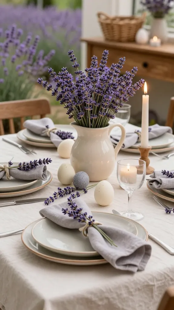 A high-quality, realistic photo capturing a beautifully styled French Easter dining table, embodying a Provincial lavender fields dream. The scene is bathed in soft, warm natural light, creating an inviting and sensory experience. The focal point is an abundant centerpiece of fresh lavender sprigs arranged in a cream ceramic pitcher, complemented by additional lavender sprigs loosely scattered across a creamy white linen tablecloth. Place settings feature simple earthenware plates, each with a soft gray linen napkin tied elegantly with a sprig of lavender. Subtle French Easter decor is integrated through a few delicately painted Easter eggs in creamy whites and soft grays, nestled among the lavender. Lit beeswax taper candles in natural wood holders cast a warm, gentle glow. Woven baskets and a rustic wooden console table are visible in the soft-focus background, enhancing the rustic-chic vibe. No text.