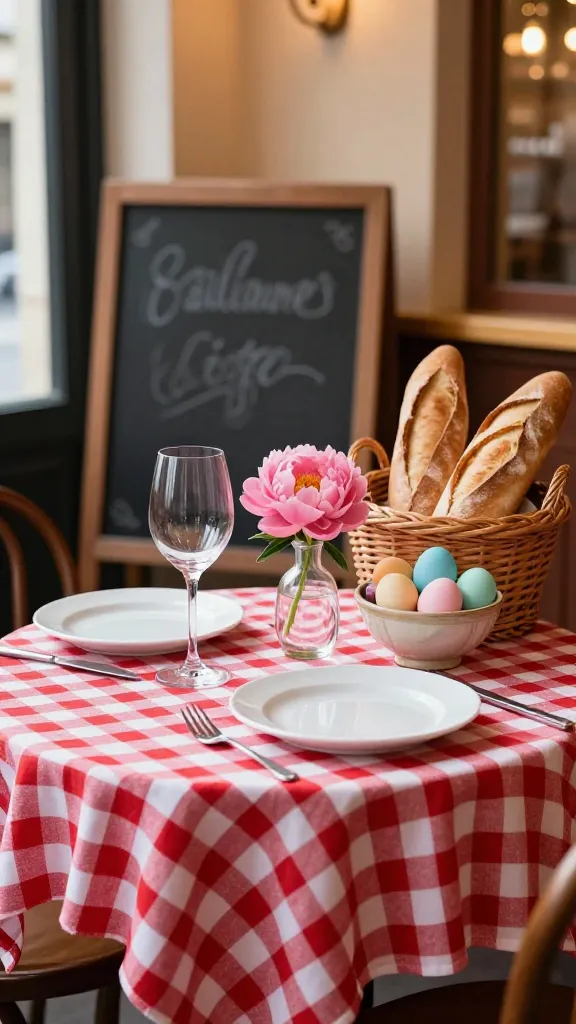 A high-quality, realistic photograph of a cozy French bistro-style Easter corner. A small, round wooden table is draped with a classic red and white gingham tablecloth. On the table, two simple white ceramic plates are set with sturdy, clear wine glasses. The centerpiece features a small elegant glass vase holding a single vibrant pink peony, a rustic wicker basket overflowing with fresh, crusty French baguette, and a charming ceramic bowl filled with an assortment of naturally dyed, colorful Easter eggs in soft pastel shades. A small, dark chalkboard sign with an unreadable, decorative border leans against a warm-toned wall in the background. Soft, inviting natural light streams in, creating a comfortable and elegant atmosphere. The scene evokes a relaxed Parisian charm with subtle Easter festivity. Shot at eye-level with a shallow depth of field. No text on images.