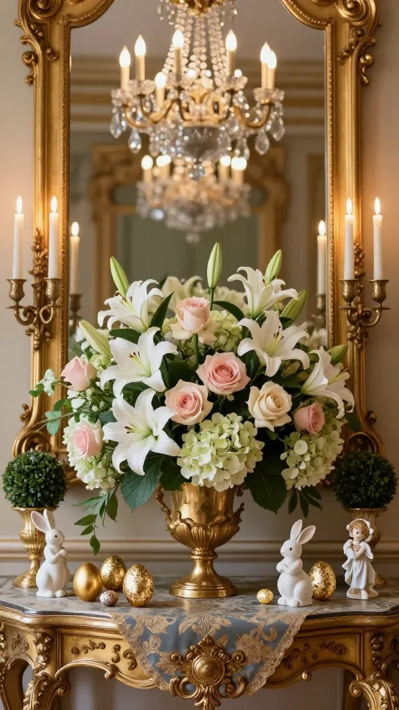 A highly detailed, realistic photograph capturing a magnificent French Easter display on a grand, antique console table, set within a lavish room reminiscent of Versailles. A towering, ornate gold mirror dominates the background, reflecting the warm, flickering glow of multiple elegant taper candles. Above, a dazzling crystal chandelier casts a soft, luxurious light. The table is adorned with a rich brocade runner in a subtle blue and gold pattern, holding an opulent arrangement of fresh white lilies, blush pink roses, and pale green hydrangeas overflowing from a large, gilded vase. Nestled among the flowers and scattered across the table are several exquisitely gold-leafed Easter eggs, delicate porcelain figurines of bunnies and cherubs, and a small, perfectly sculpted faux topiary. The scene is bathed in a warm, inviting light, emphasizing intricate details and exuding unapologetic luxury and regal elegance. High-resolution, professional photography.