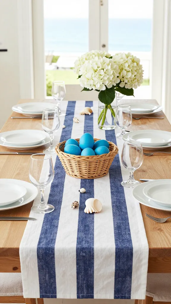 A high-quality, realistic photo of an elegant French Riviera-inspired Easter dining table setting. The scene is bright, airy, and sophisticated, bathed in natural light, evoking a breezy seaside charm. The color palette is dominated by crisp white, deep navy blue, and warm natural sandy tones. A navy and white striped linen runner stretches across a light-toned wooden table. White ceramic dishes are neatly arranged at each place setting. Several glass hurricane lamps are strategically placed along the runner, casting a soft glow. Subtle nautical touches are incorporated through elegant rope accents woven into a centerpiece or delicate, polished seashells scattered sparingly. The centerpiece features a natural woven basket filled with beautifully blue-dyed Easter eggs. Beside it, a simple glass vase holds a lush bouquet of fresh white hydrangeas. The overall impression is one of refined spring elegance with a distinct coastal French flair, perfect for an Easter celebration.