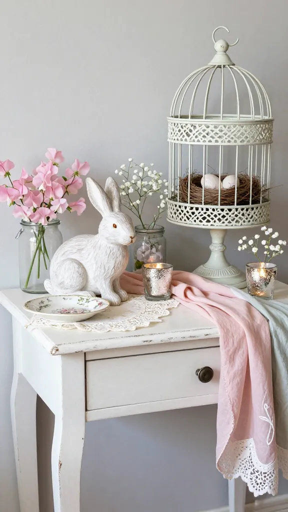 A high-quality, realistic photograph capturing a charming Shabby Chic French Easter vignette. A distressed white console table serves as the base, artfully arranged with a whitewashed wooden bunny and a delicate vintage birdcage housing a faux nest. Jars filled with soft pink sweet peas and airy white baby's breath are interspersed among antique lace doilies and draped faded pastel fabrics. Mercury glass votives cast a gentle, romantic glow, while subtle chipped paint details on small decorative items and a vintage floral pattern on a ceramic plate complete the scene, all bathed in soft, natural light.