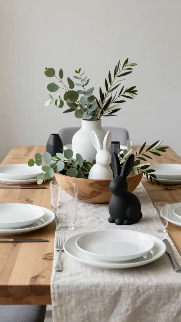 A high-quality, realistic photograph of a sophisticated Modern French Farmhouse Easter table setting. The scene features a base of neutral tones with soft gray, crisp white, and subtle black accents. A natural linen table runner drapes over a light-toned wooden table. Place settings showcase sleek, minimalist white ceramic dishes. The centerpiece is a rustic, natural wooden bowl filled with elegant eucalyptus and olive branches. Nestled within and around the greenery are several modern, minimalist matte white and matte black bunny figurines. A geometric vase, possibly in matte black or white ceramic, holds a small arrangement of similar greenery. The lighting is soft and natural, creating an inviting yet contemporary Easter aesthetic. No text.