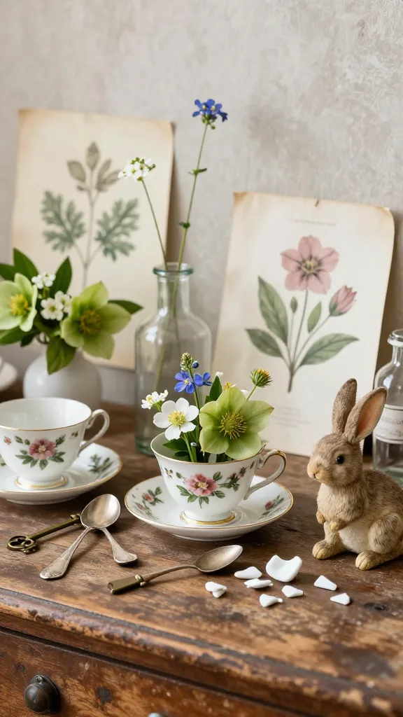 A close-up, artfully arranged vignette of French Easter decor on a weathered antique wooden surface, bathed in soft, diffused natural light. The display features an eclectic collection: several vintage floral teacups, some holding delicate small floral arrangements of hellebores and tiny spring blooms; a cluster of antique silver spoons; a variety of old glass bottles with single stems; and faded botanical prints leaning gently against a subtle, textured background. Scattered among these treasures are old brass keys, delicate white porcelain fragments, and a charming, gently worn vintage toy rabbit. The composition emphasizes an imperfect, curated mix, evoking a sense of storytelling, character, and timeless elegance. High-resolution, detailed, shallow depth of field, warm and muted color palette.