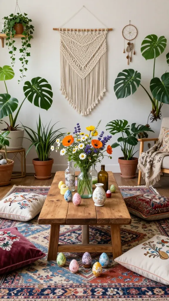A high-quality, realistic photo capturing a sun-drenched French bohemian living space transformed for Easter. The floor is adorned with layered patterned rugs, featuring rich textures and global-inspired prints. A casual, low rustic wooden coffee table serves as the focal point, surrounded by an inviting mix of low seating cushions in velvet and linen, some with intricate embroidery. On the table, a vibrant centerpiece of wildflowers like poppies, daisies, and lavender, arranged in an eclectic collection of mismatched vintage glass bottles and small ceramic vases. Scattered elegantly around the centerpiece and place settings are several intricately hand-painted Easter eggs, showcasing delicate French-inspired patterns such as subtle toile de Jouy motifs and pastel florals. The walls feature a prominent macrame wall hanging and a decorative dreamcatcher, adding to the free-spirited vibe. An abundance of lush potted plants, from large floor-standing monsteras to smaller trailing ivies, are strategically placed throughout the room, creating a vibrant, green oasis. Patterned throws are draped casually over cushions and a nearby armchair, enhancing the layered, cozy aesthetic. The scene is bathed in soft, natural light, emphasizing the relaxed, artistic, and elegantly festive atmosphere. No text.