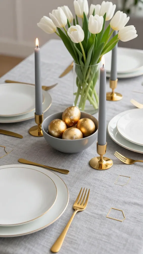 A high-angle, exquisitely styled close-up photograph of an elegant modern French Easter table setting. A luxurious dove grey linen tablecloth forms the sophisticated base. Each place setting features a pristine white ceramic plate with a subtle gold rim, accompanied by sleek matte gold cutlery. The centerpiece includes tall, slender grey taper candles in polished gold holders, casting a soft, inviting glow. A simple, understated grey bowl holds several gleaming gold-leafed Easter eggs. A minimalist arrangement of fresh white tulips stands gracefully in a clear vase, providing a touch of natural beauty. Subtle geometric gold accents are artfully placed around the setting, enhancing the sophisticated and chic ambiance. The lighting is soft and natural, highlighting the textures and metallic sheens. High resolution, realistic, professional interior design photography, shallow depth of field.