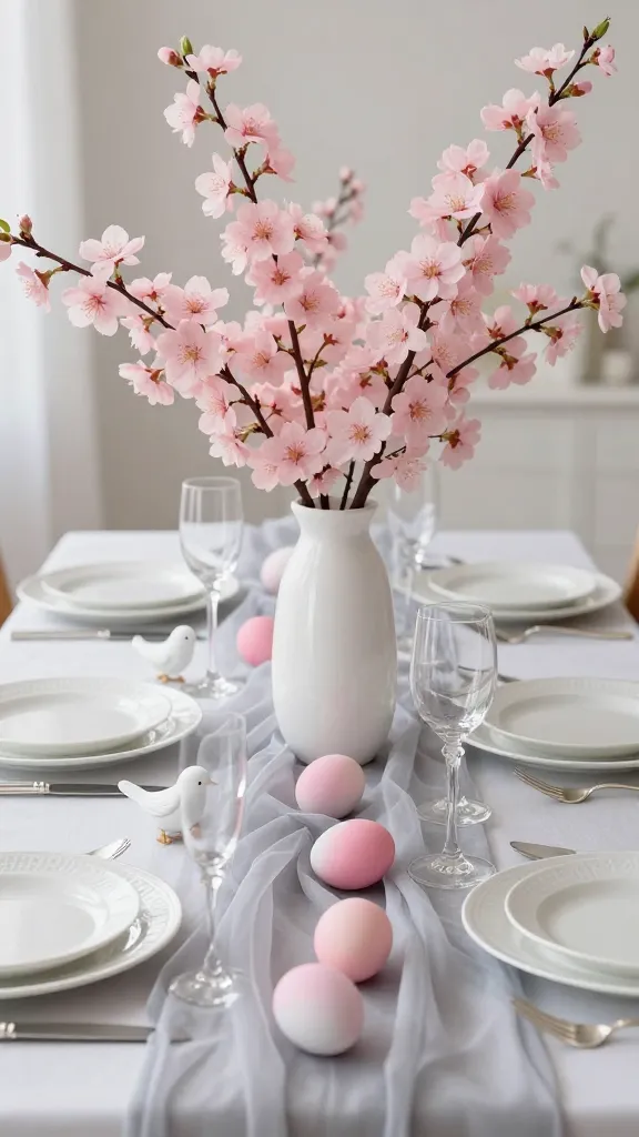 A high-resolution, realistic photo of an elegant French Easter dining table setting, bathed in soft natural light. The centerpiece features dramatically arranged, delicate cherry blossom branches, either real or high-quality faux, presented in tall, slender white or clear glass vases. A sheer, light gray organza runner drapes gracefully along the table. Place settings include delicate white porcelain dishes with subtle detailing, paired with classic silver silverware. Artfully interspersed among the settings and runner are small, elegant white bird figurines and a few eggs dyed in soft ombre pinks, transitioning from pale pink to white. The overall color palette is dominated by soft pinks, whites, and light grays, creating an atmosphere of sophisticated spring renewal and delicate beauty with a distinct French elegance. No text.