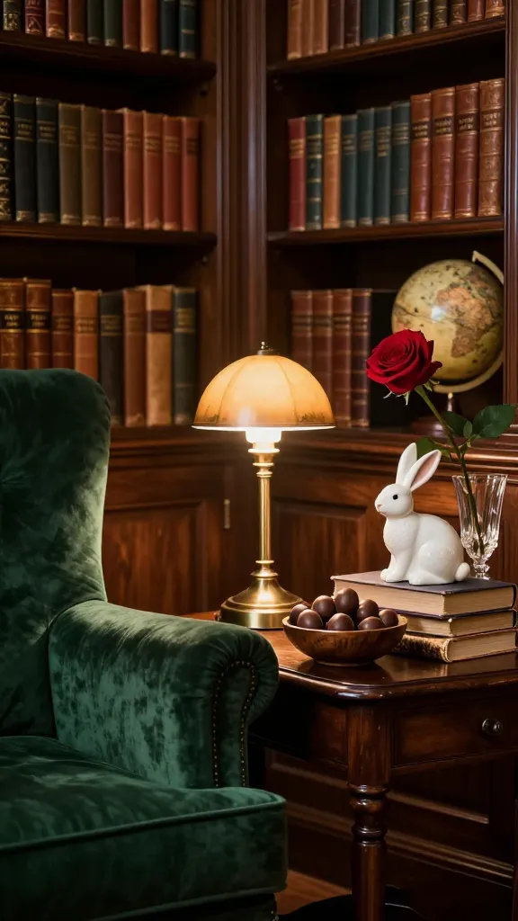 A realistic, high-quality, professional photograph capturing an intimate French library nook, subtly adorned for Easter. The scene features a plush armchair upholstered in rich, dark green velvet, positioned beside a tall, dark wood bookshelf packed with antique leather-bound books. On a small, polished dark wood side table, a warm brass lamp casts a gentle glow over a vintage wooden bowl filled with an assortment of dark chocolate Easter eggs. A small, elegant white ceramic bunny figurine rests atop a stack of aged books, while a single, dramatic deep red rose stands gracefully in a sparkling cut crystal vase. A classic globe is visible on a lower shelf, adding to the scholarly charm. The overall atmosphere is one of warmth, depth, and understated elegance, with soft, inviting lighting highlighting the rich textures and intricate details.
