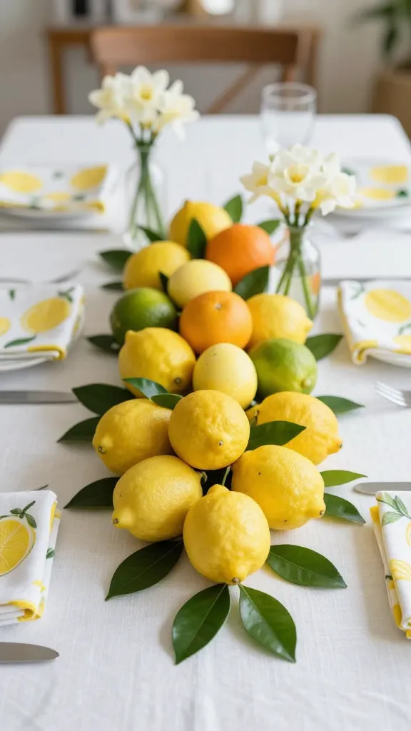 A high-angle, close-up, realistic photo of an elegantly set French Easter dining table. A pristine white linen tablecloth, subtly textured, serves as the base. Neatly folded lemon-patterned cloth napkins are visible at place settings. The vibrant centerpiece features an artful, natural arrangement of whole fresh lemons, limes, and oranges, interspersed with dark green leaves. Several subtly yellow-dyed Easter eggs are nestled amongst the fruit and foliage. One or two simple, clear glass vases hold delicate white freesia or daffodils. The scene is bathed in soft, natural light, creating a bright, cheerful, and sophisticated atmosphere. The background is softly blurred, hinting at a chic French dining room. No text.
