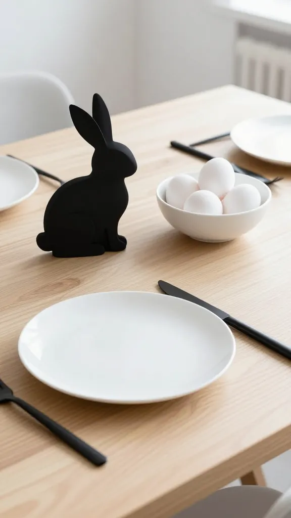 A high-quality, realistic, eye-level photograph of a minimalist chic French Easter dining table setting. The scene is impeccably clean and uncluttered, showcasing sophisticated elegance with a refined color scheme of crisp whites, deep matte blacks, and warm natural wood. A simple, high-quality white ceramic dinner plate is set on a light natural wood dining table. Alongside it, sleek, modern matte black cutlery is precisely arranged. The sparse, impactful Easter decor includes a single, elegant matte black bunny silhouette standing subtly near the plate, and a small cluster of perfectly white eggs nestled within a modern, sculptural white ceramic bowl. Soft, diffused natural light illuminates the scene, highlighting textures and creating subtle shadows. The background is softly blurred to maintain focus on the exquisite details. No text on image.