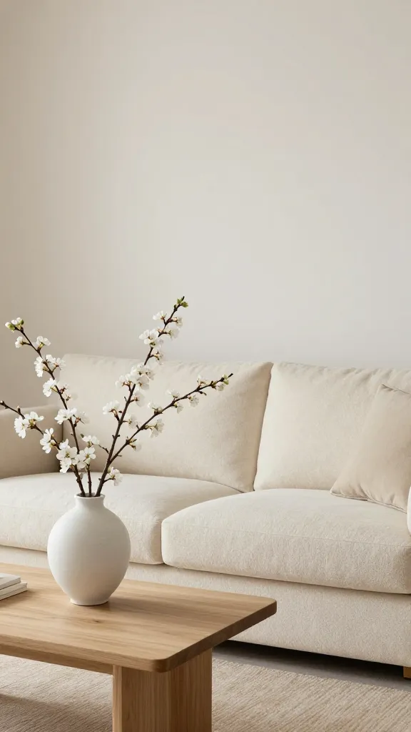 A high-quality, realistic interior photograph of a serene living room embodying Monochromatic Zen with subtle "Indoor Spring Decor" accents. The space is bathed in soft, natural light, highlighting a sophisticated palette of warm whites, creamy ivories, soft beiges, and light taupe. Dominating the foreground is a plush, oversized sofa upholstered in a creamy boucle fabric, its luxurious texture inviting. On a minimalist natural light wood coffee table in front of the sofa, a simple, elegant white ceramic vase holds a few delicate white cherry blossoms and slender pussy willow branches, introducing a fresh, spring-like element without disrupting the monochromatic harmony. A soft, textured rug in a complementary light beige grounds the seating area. The overall atmosphere is deeply calming, effortlessly sophisticated, and imbued with a fresh, peaceful spring sanctuary feel. No text.